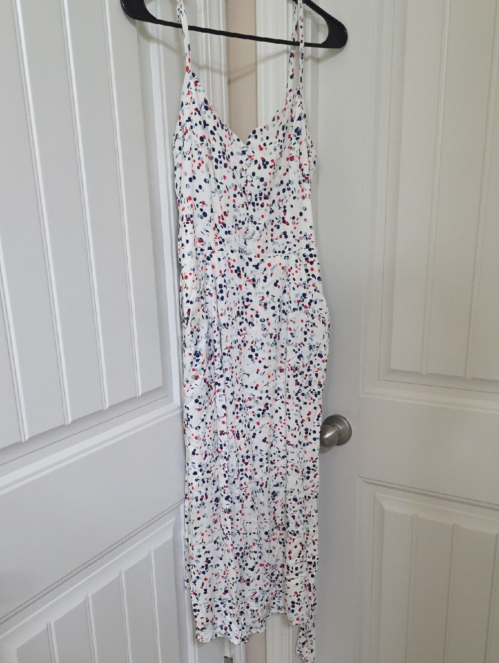 41 Hawthorn White Midi Dress with Navy and Coral Speckle Print